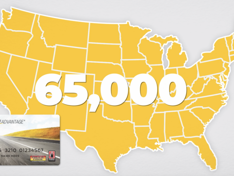 Map of the United States showing 65,000 Pacific Pride cardlock locations with fuel card in foreground