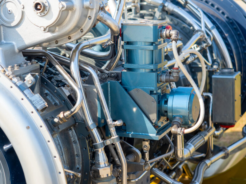 Close-up of diesel engine components and fuel system