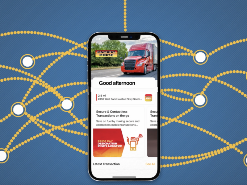 Mobile app showing Pacific Pride fleet fueling data and location alerts