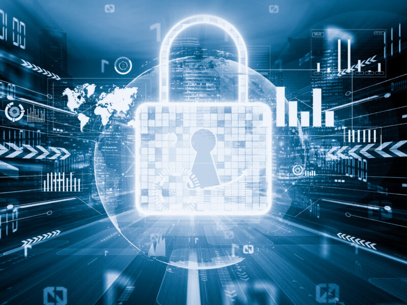 Digital lock icon over data graphics representing fuel security technology