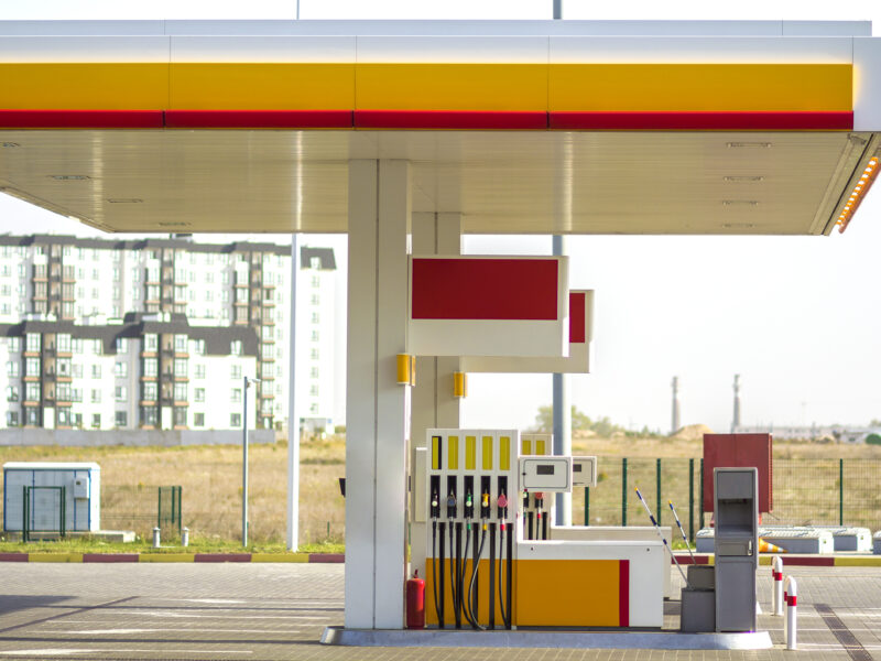 Empty Pacific Pride fueling station with modern fuel dispensers