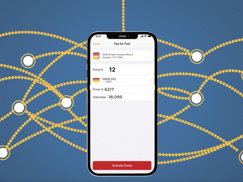 Mobile fuel card app interface showing pump activation and driver info