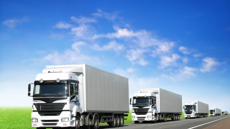 Caravan of white trucks on country highway under blue sky