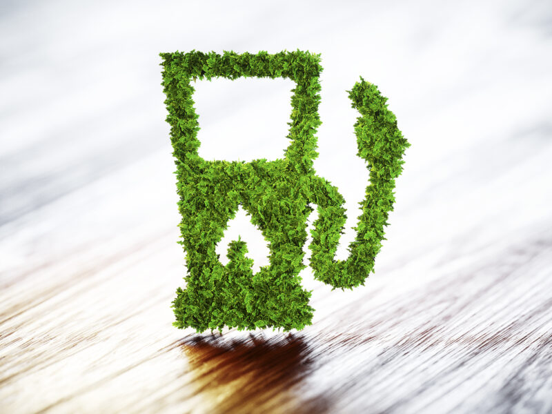 3D illustration of a gas pump icon made from green leaves symbolizing biofuel