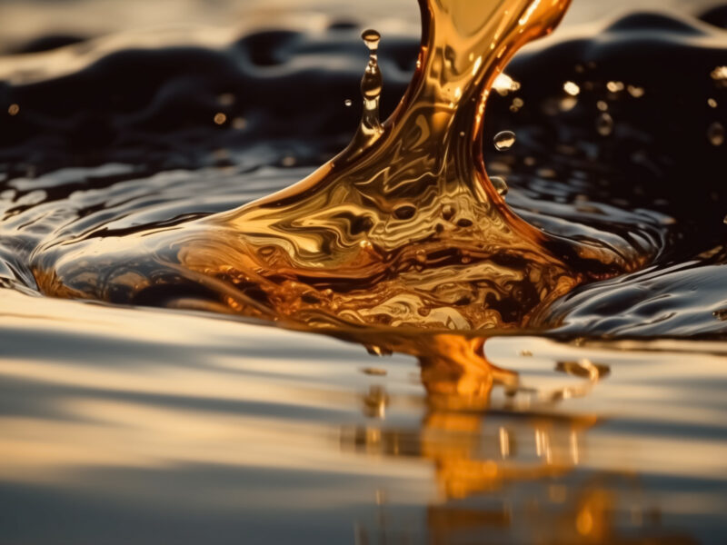 Diesel fuel flowing into a dark reflective liquid surface