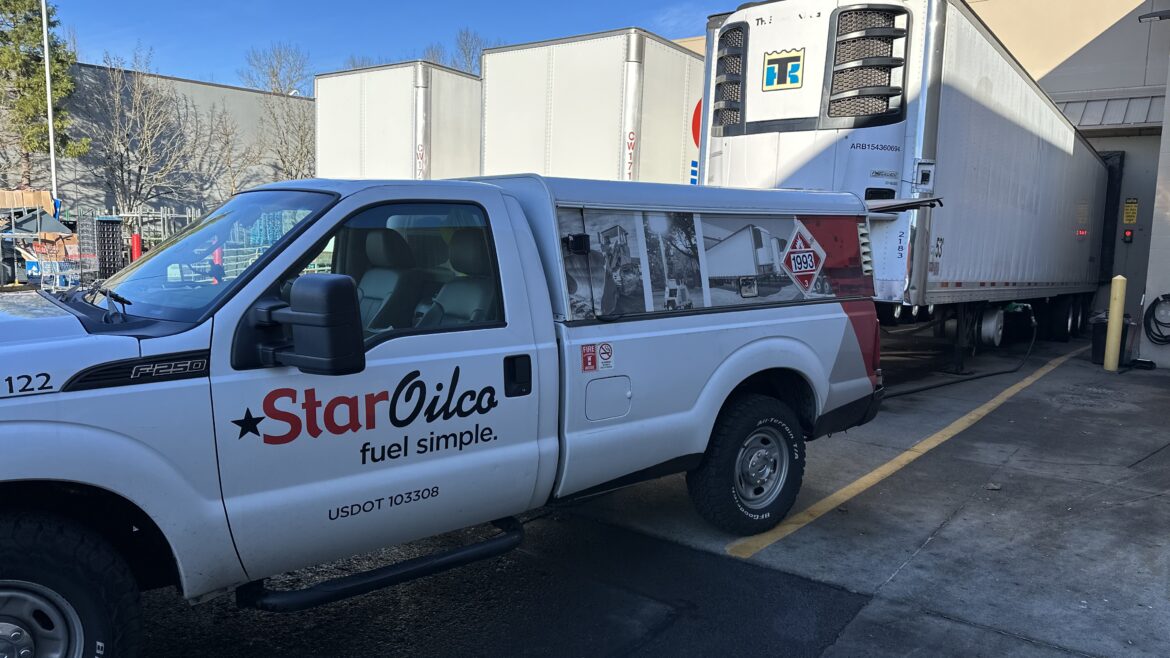 Star Oilco truck refueling off-road diesel at a job site in Portland OR