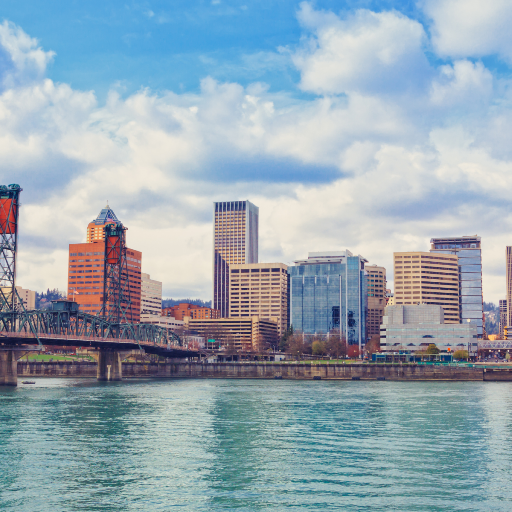 Downtown Portland skyline with Hawthorne Bridge over the Willamette River