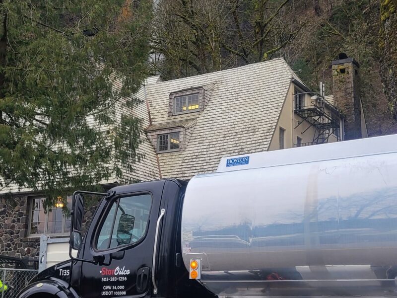 Star Oilco fuel delivery truck parked near Multnomah Falls Lodge in the Columbia River Gorge