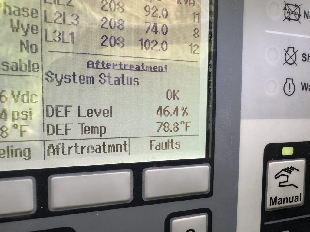Generator control panel showing DEF level at 46.4% and DEF temperature at 78.8°F