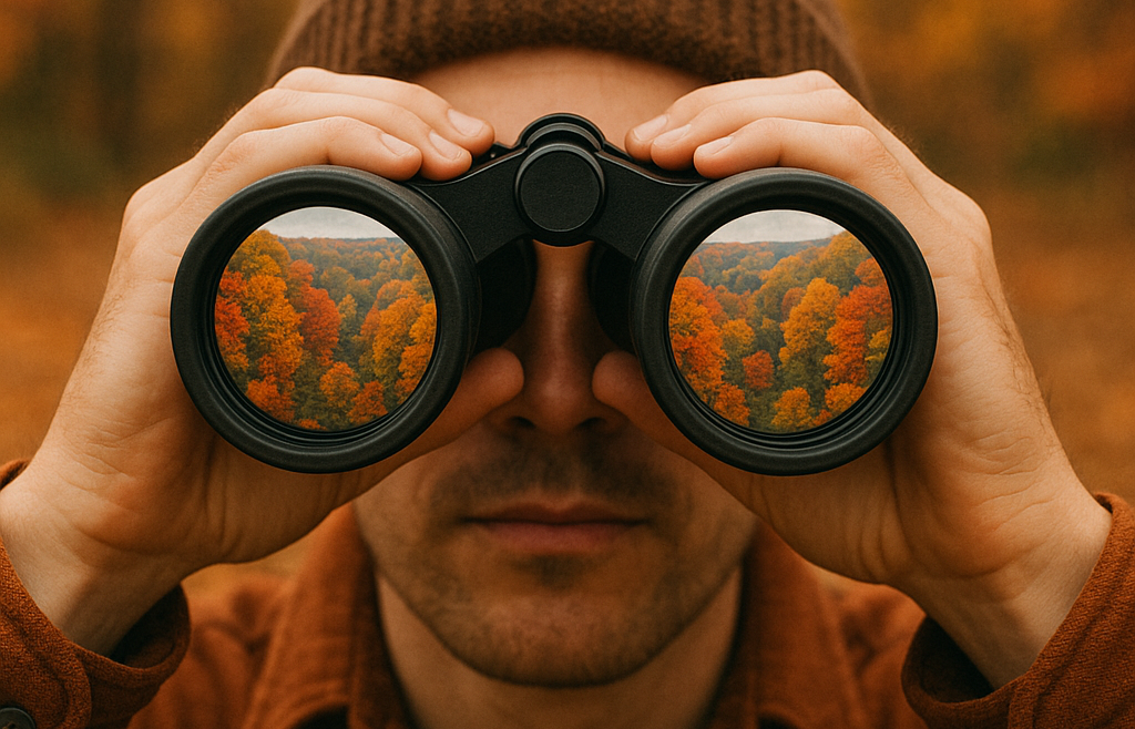 Person looking through binoculars in an autumn forest with vibrant fall colors reflected in both lenses, symbolizing focus on Oregon’s diesel and CO2 credit market conditions.