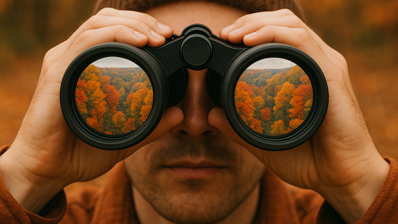 Person looking through binoculars in an autumn forest with vibrant fall colors reflected in both lenses, symbolizing focus on Oregon’s diesel and CO2 credit market conditions.