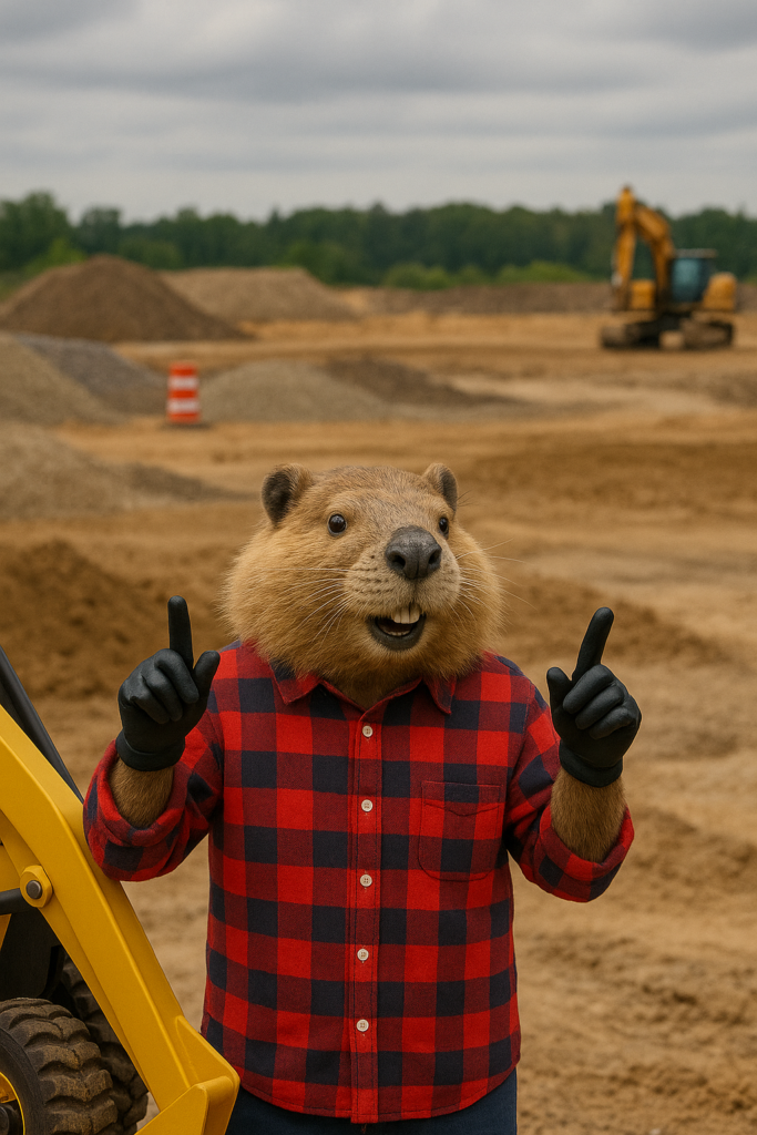 Star Oilco beaver mascot in a red plaid shirt on a construction site, symbolizing Oregon’s 2025 fall diesel and carbon credit market challenges.