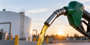 Green fueling nozzle dispensing golden gasoline at an industrial site, with large storage tanks in the background at sunset.
