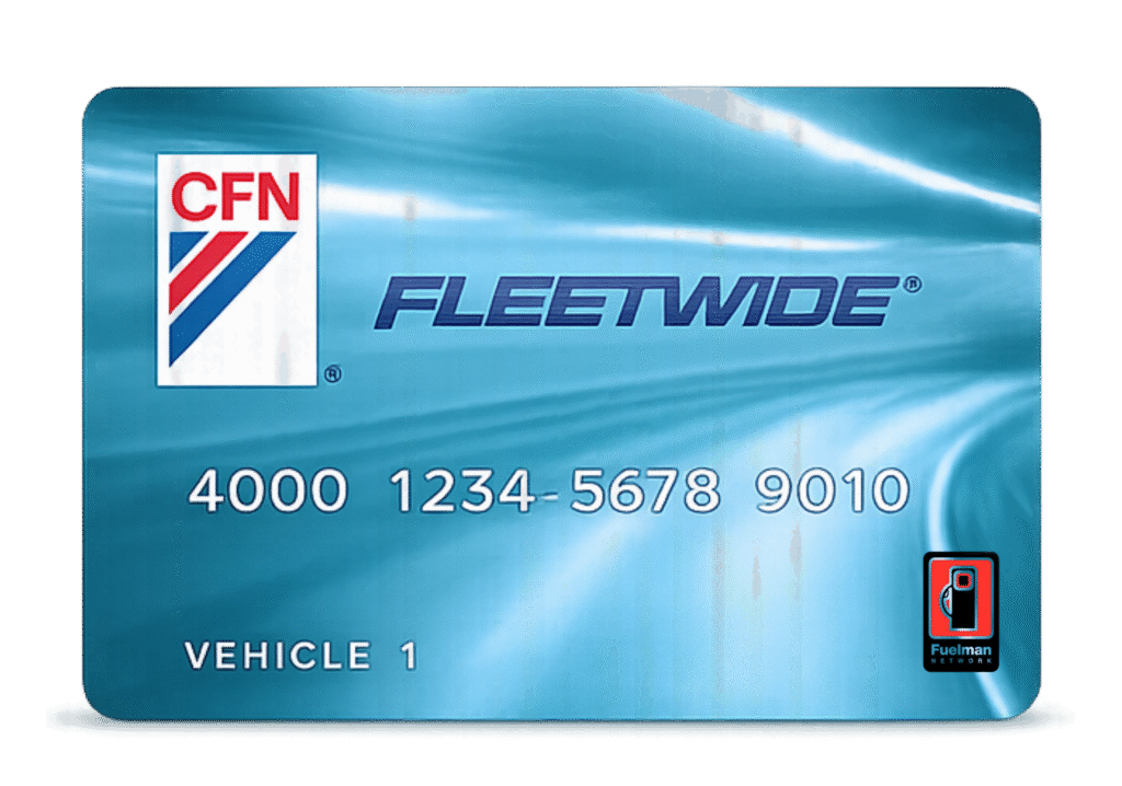 Fleetwide blue card with CFN logo and the word FLEETWIDE, plus partially visible phone numbers and Vehicle 1 label in white text on blue background.