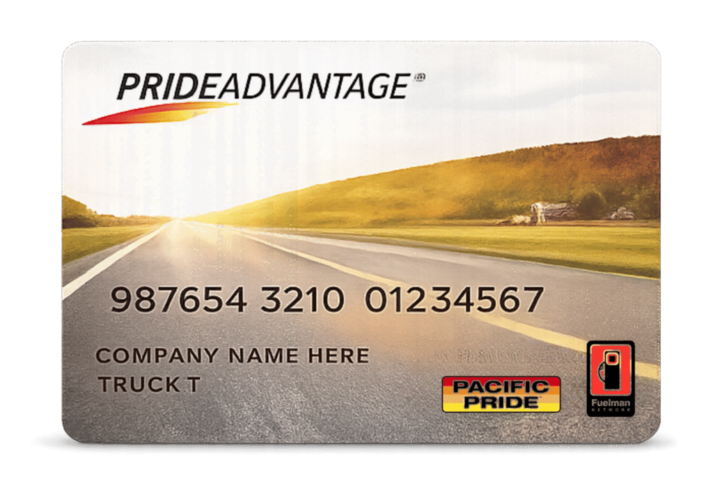 PRIDEADVANTAGE gas card design over a highway scene with placeholder phone numbers and logos (Pacific Pride, Fuelman).