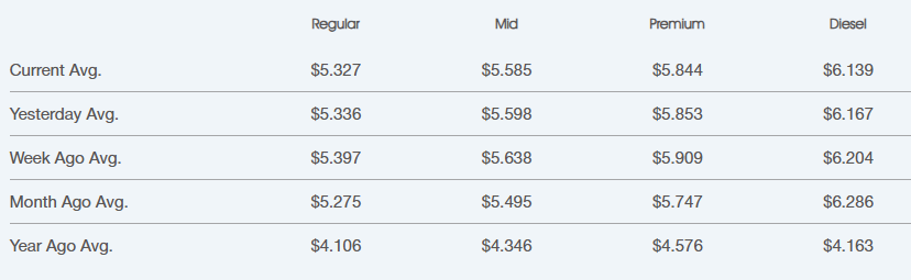 Fuel price table with time-point averages (Current, Yesterday, Week Ago, Month Ago, Year Ago) for Regular, Mid, Premium, and Diesel bikes/fuels.