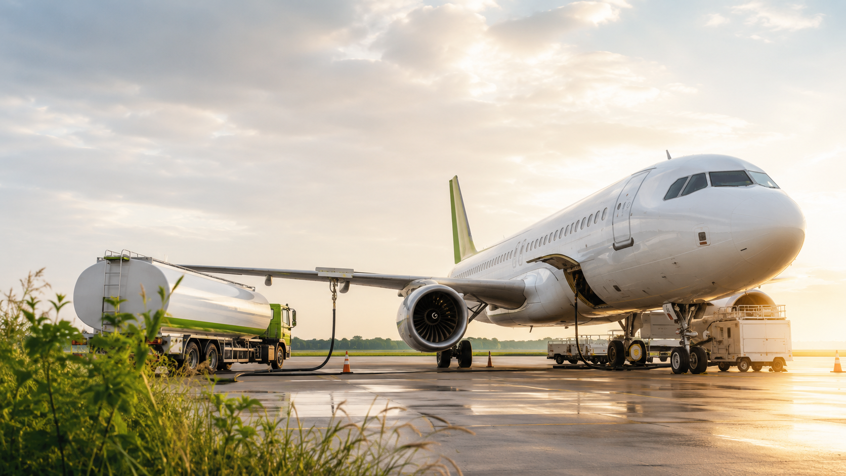 Commercial aircraft connected to a sustainable aviation fuel truck for airport fueling in Portland, Oregon