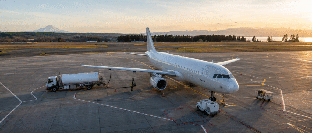 White commercial jet at a gate being refueled by a fuel truck on the tarmac at sunset.