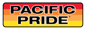 Pacific Pride logo: bold black letters with white outline on a red-to-yellow rainbow stripe background in a rounded rectangle.