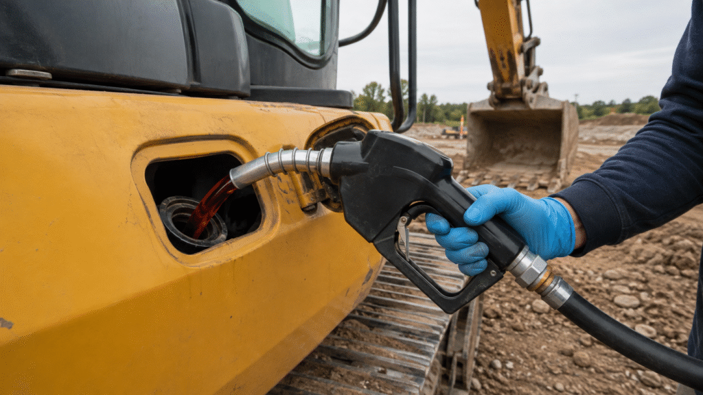 On-Site Dyed Diesel Refueling for Excavators | Star Oilco Worker refueling a yellow excavator with dyed diesel at a construction site