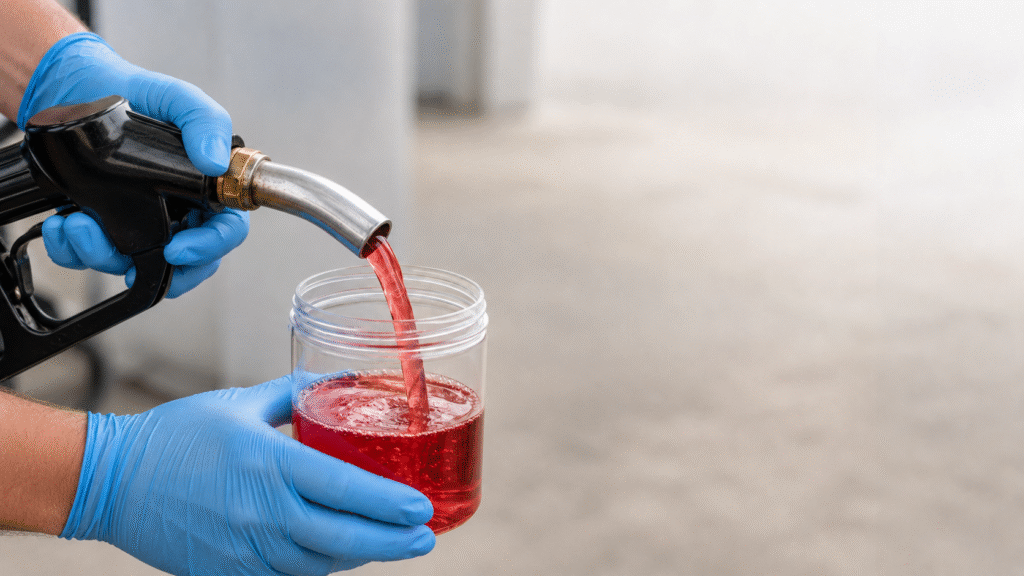 Red dyed diesel fuel being poured into a clear sample container