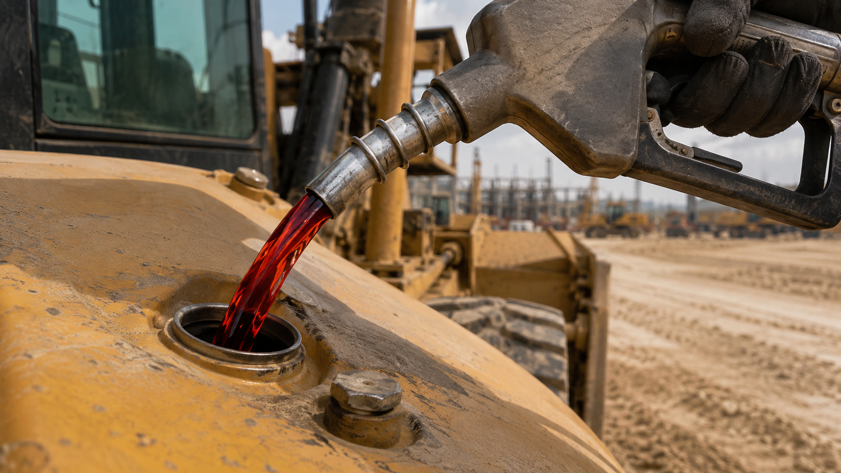 Dyed Diesel for Heavy Construction Equipment | Star Oilco Red dyed diesel being pumped into heavy construction equipment