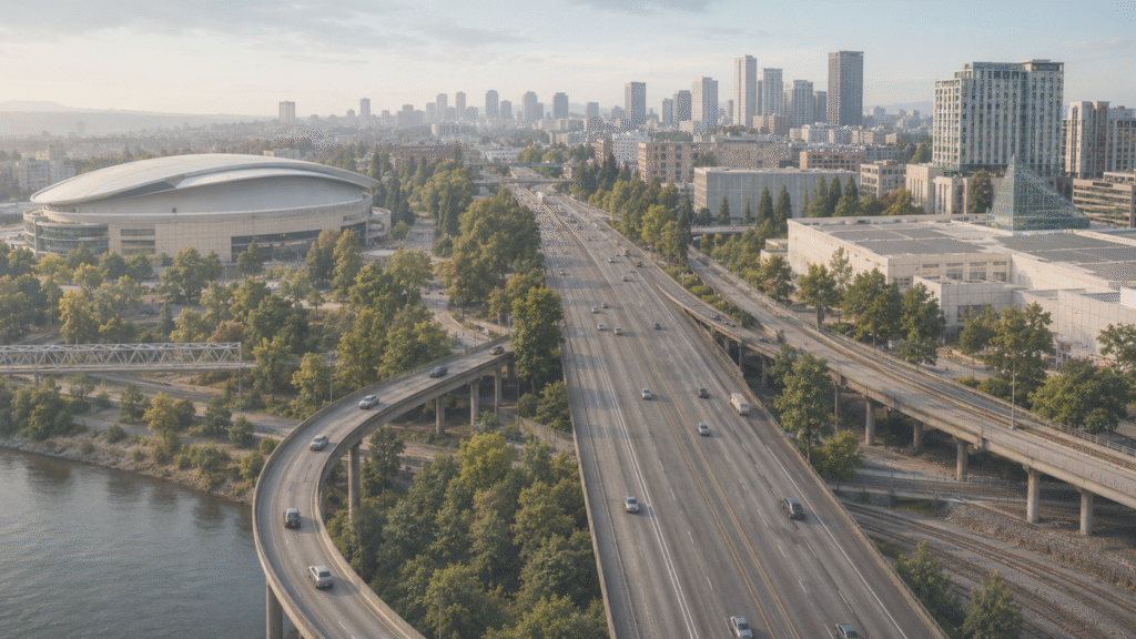 Aerial view of a curved freeway over a river, with a large domed stadium on the left and a city skyline in the distance.