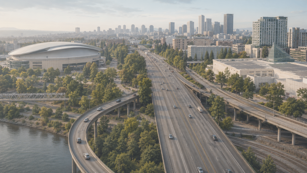 Aerial view of a curved freeway over a river, with a large domed stadium on the left and a city skyline in the distance.