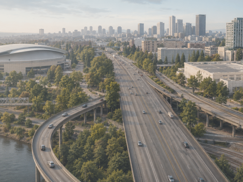 Aerial view of a curved freeway over a river, with a large domed stadium on the left and a city skyline in the distance.