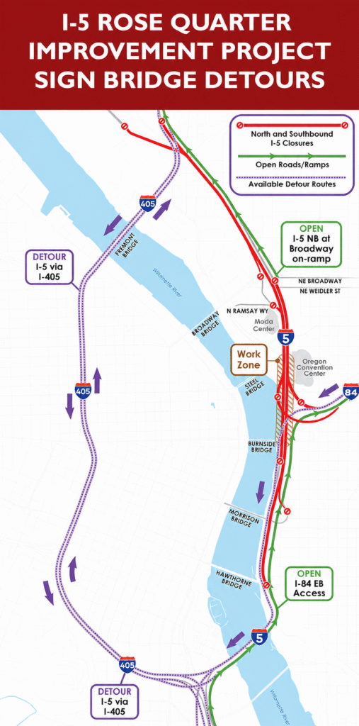 Map of the I‑5 Rose Quarter Improvement detours, showing I‑405 detours and alternate routes around the Willamette River.