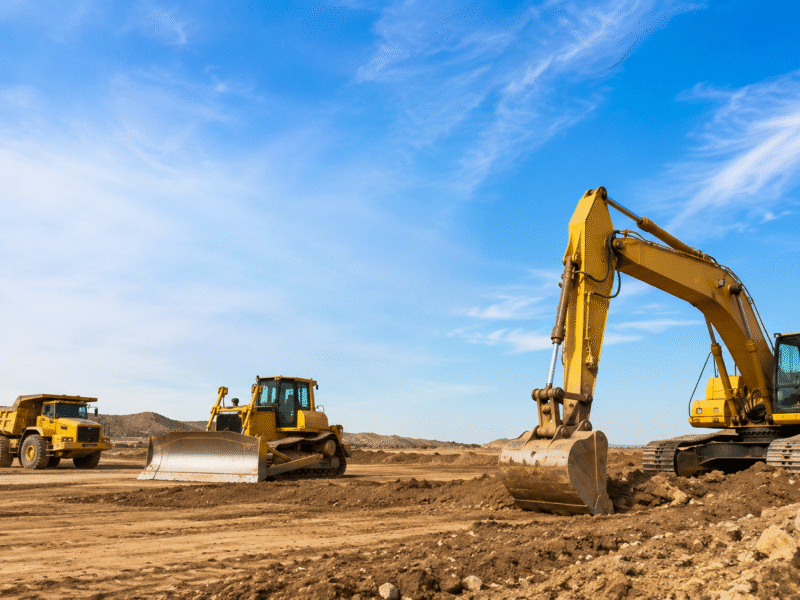 Excavator, bulldozer and dump truck at a construction site