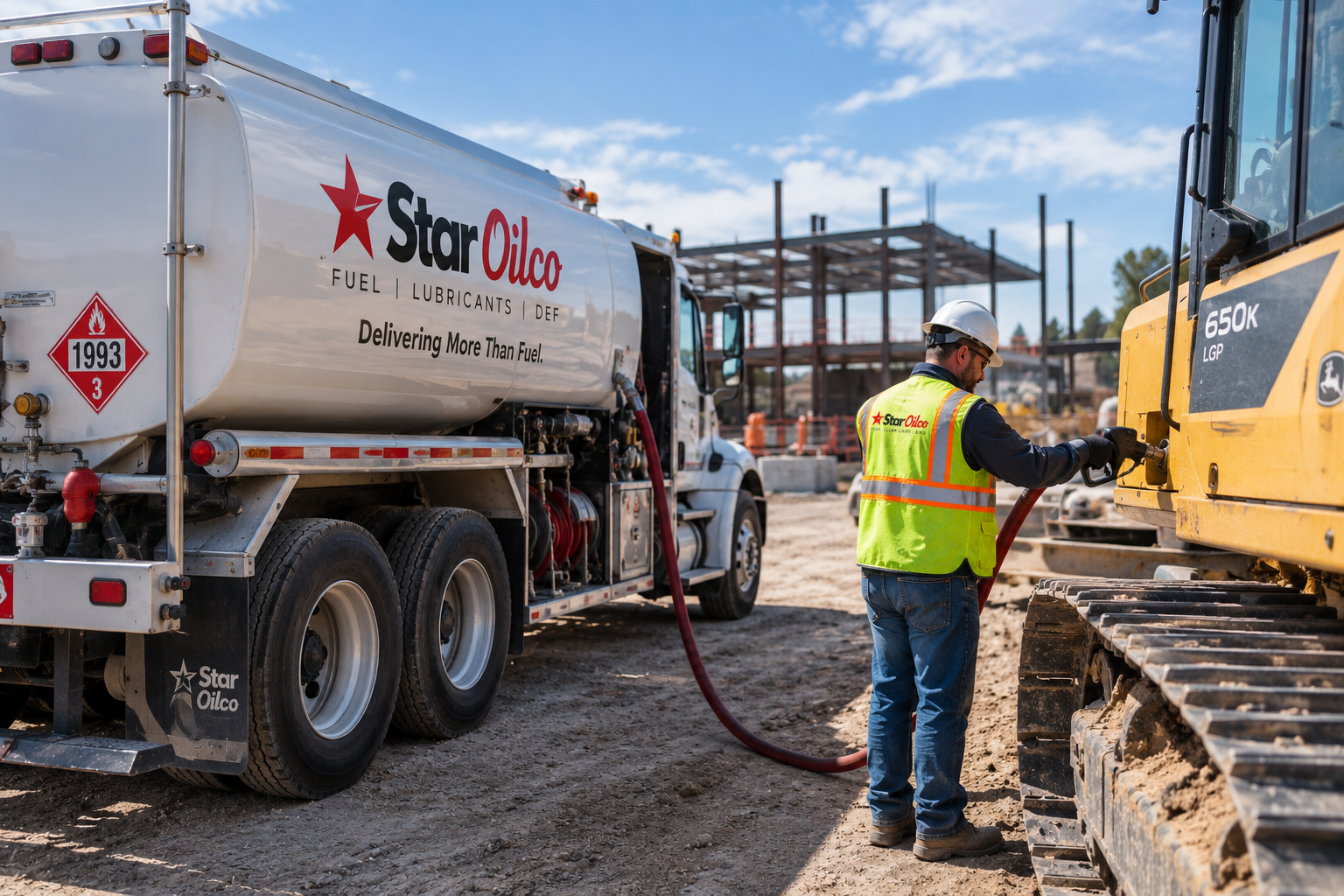 ChatGPT Image Sep 10 2026 09_05_29 PM | Star Oilco Construction site scene with a Star Oilco fuel tanker and a worker in a safety vest connecting a red hose to a large excavator nearby.