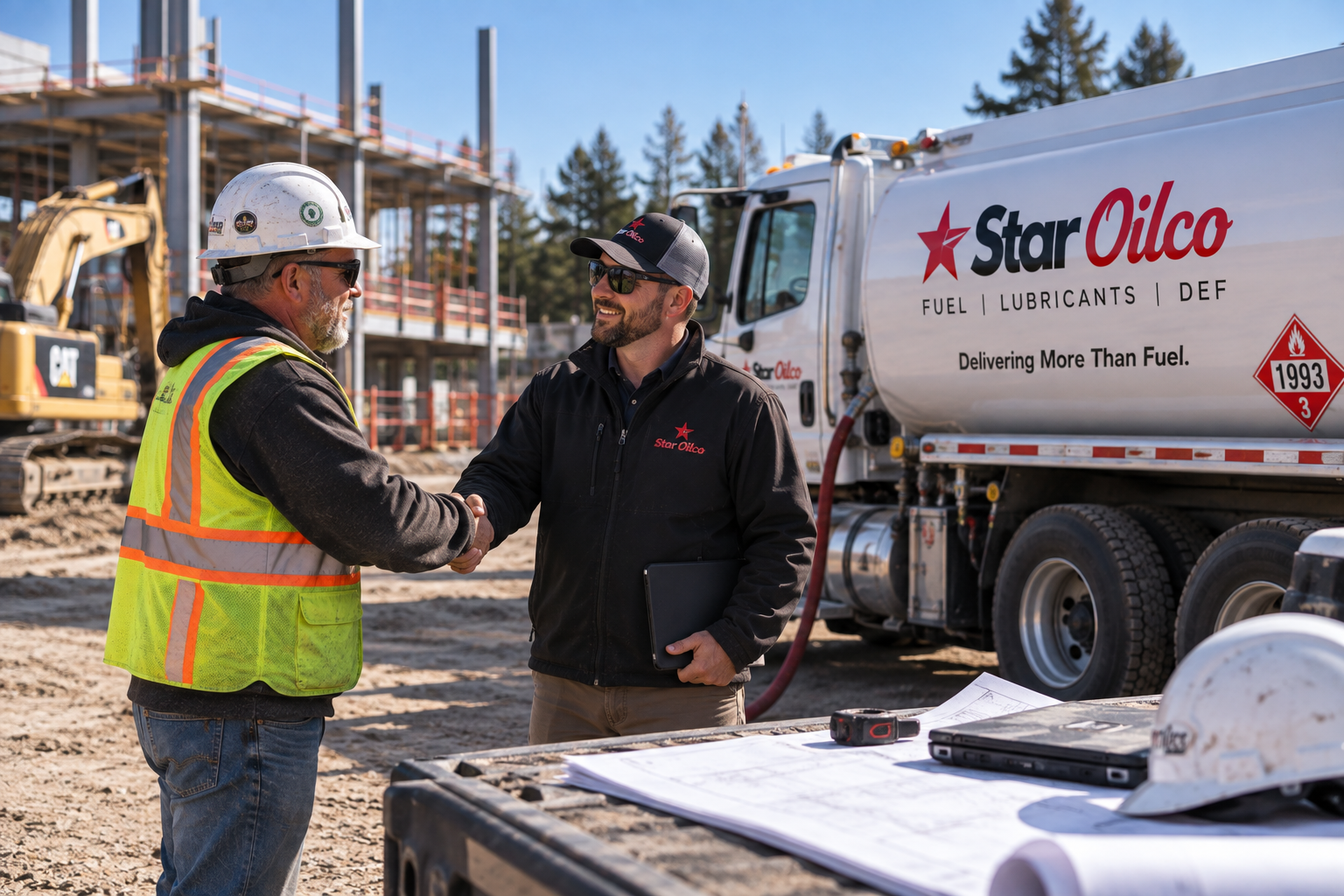 ChatGPT Image Sep 10 2026 09_16_02 PM | Star Oilco Two workers shake hands at a construction site beside a Star Oilco fuel truck and equipment in the background.