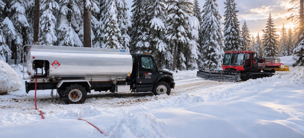 Fuel tanker truck parked in a snow-covered driveway beside a house, with pine trees and mountains in the background.